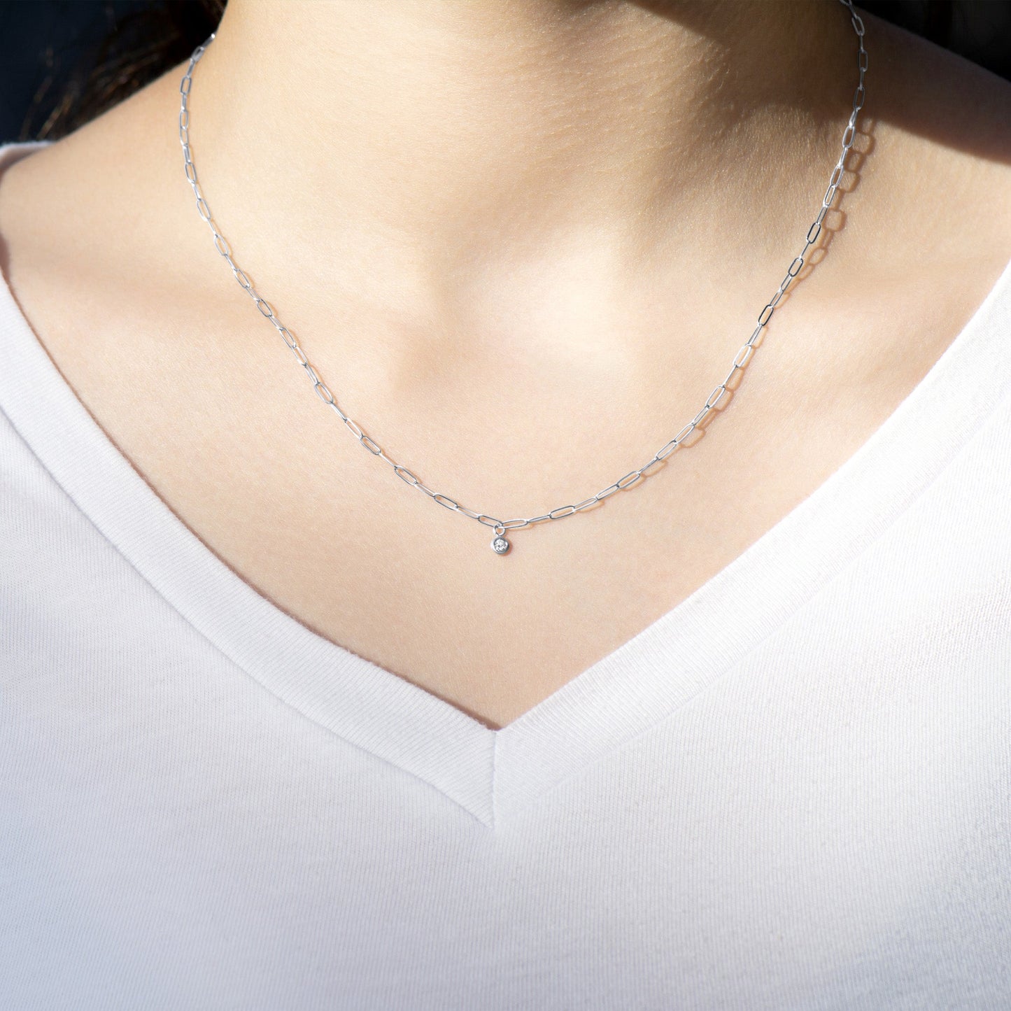 Gold Paperclip Chain Link Necklace with Diamond Pendant