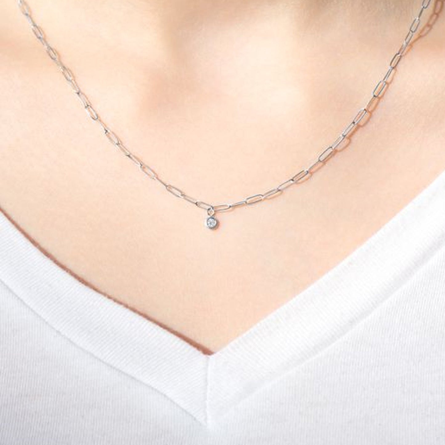 Gold Paperclip Chain Link Necklace with Diamond Pendant