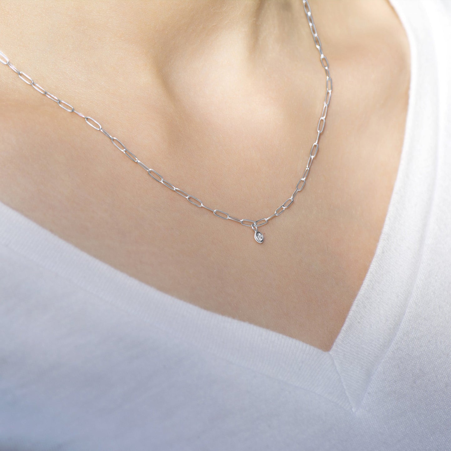 Gold Paperclip Chain Link Necklace with Diamond Pendant