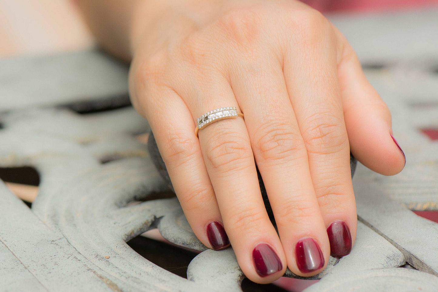 14k Baguette and round Diamond Micro Pave Ring