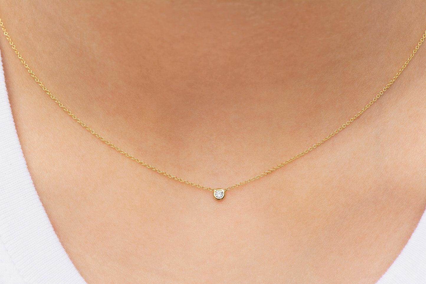 Women Wearing a Round Brilliant Cut Bezel Set Diamond Pendant of .05 carat