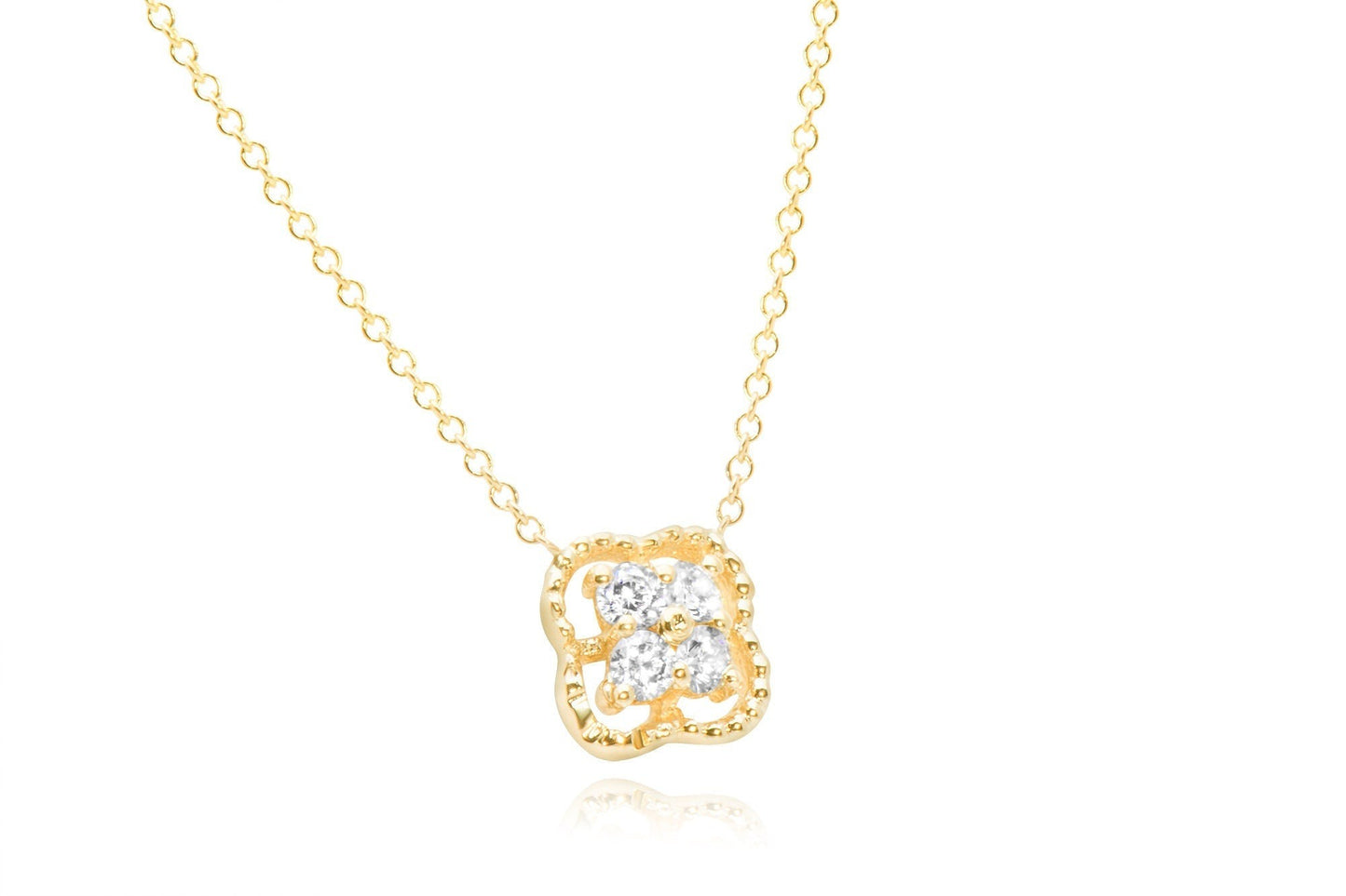 14k Gold Diamond Lucky Shamrock Pendant, Lucky Four Leaf Clover Necklace