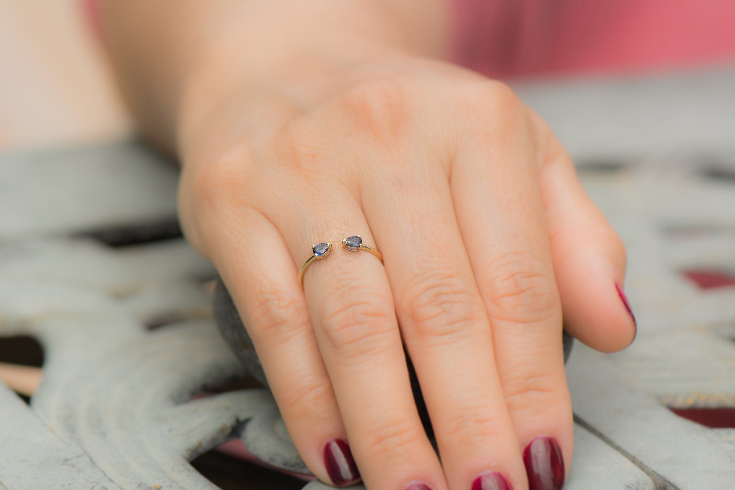 14k Gold Pear Shape Open Band Sapphire Ring