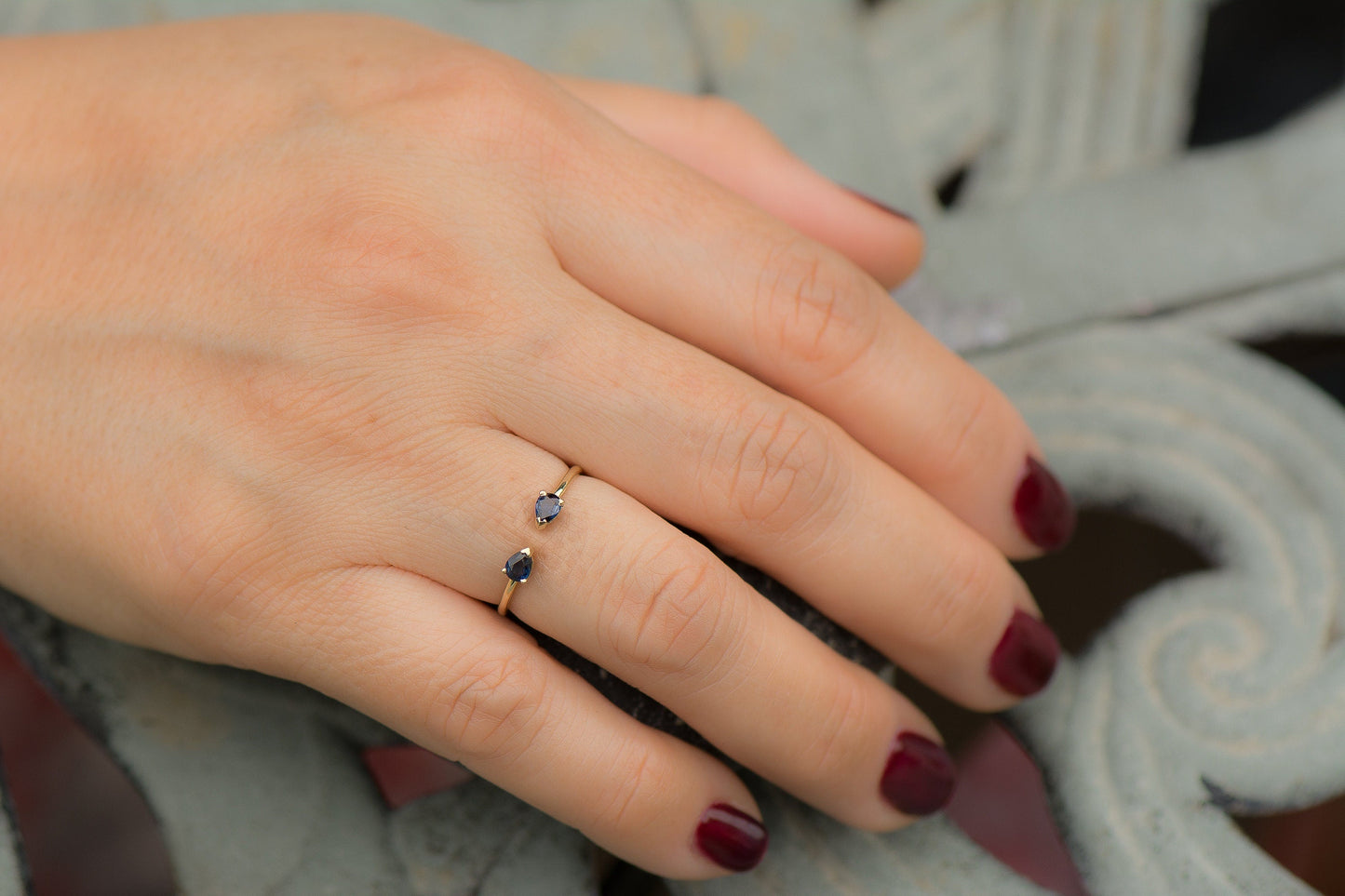 14k Gold Pear Shape Open Band Sapphire Ring