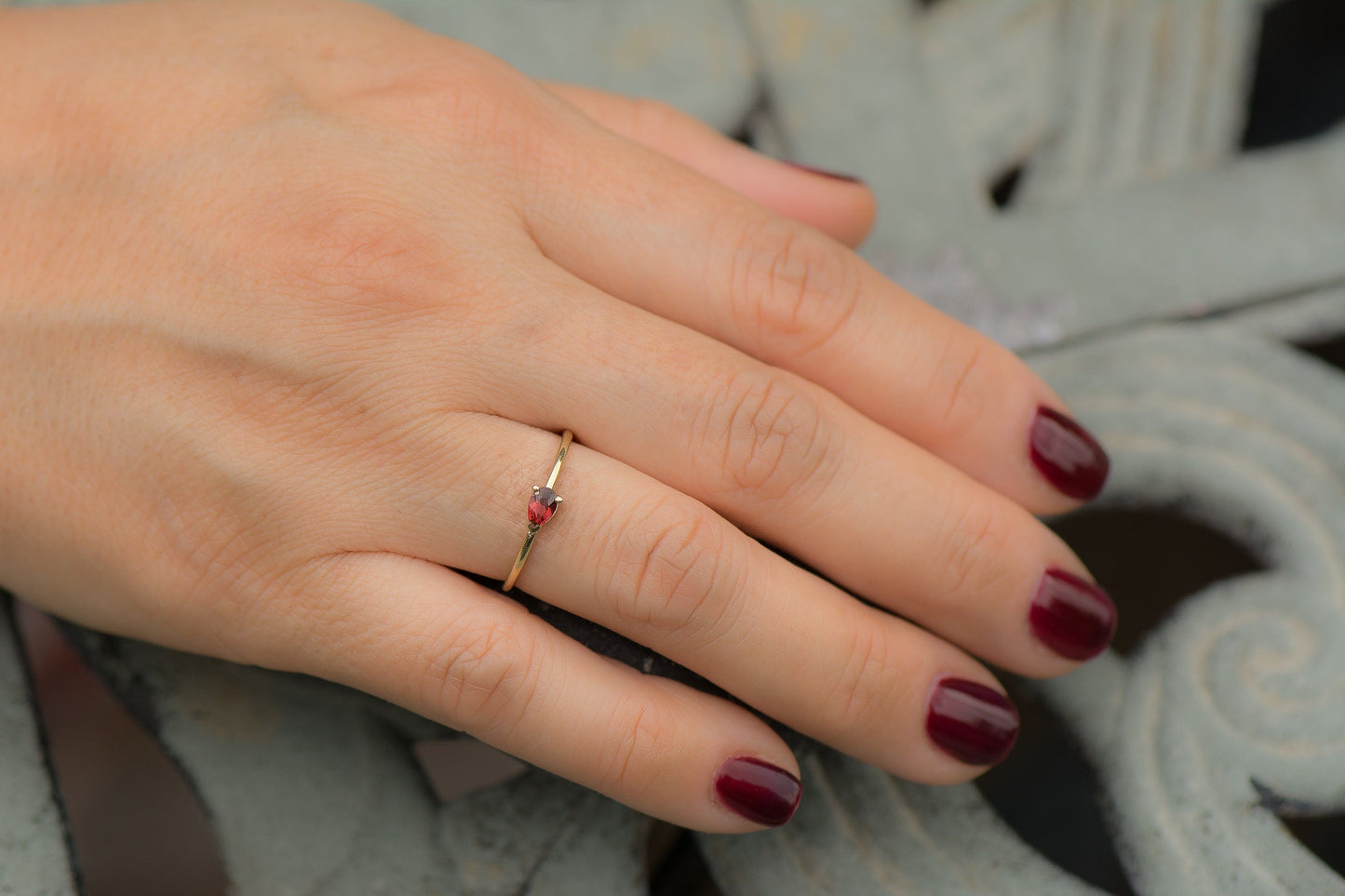 14k Gold Pear Shape Sideways Garnet Ring