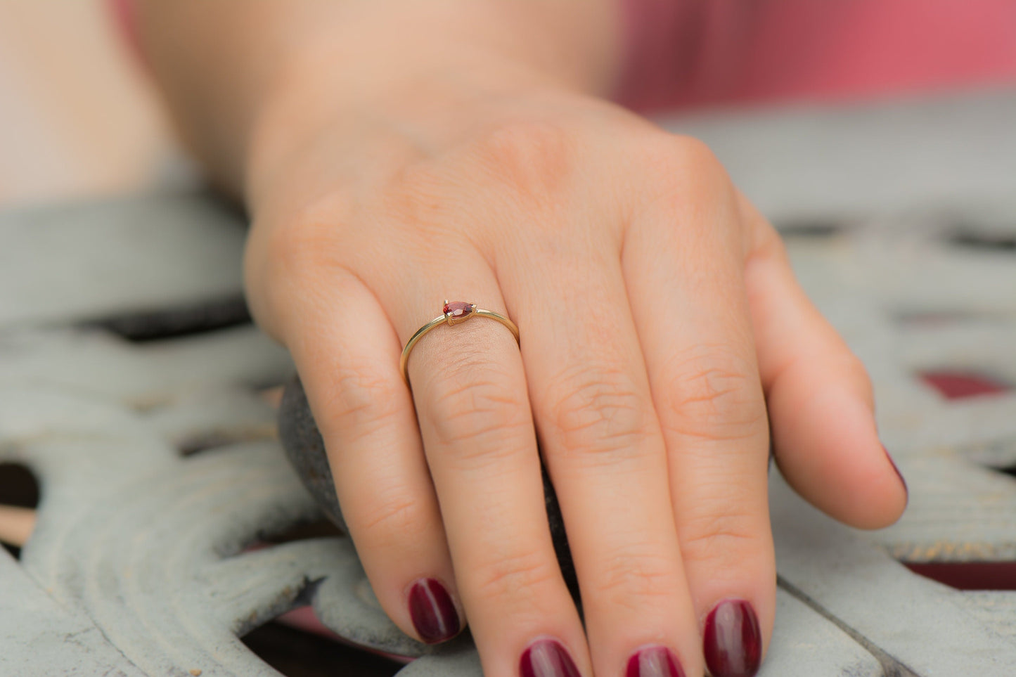 14k Gold Pear Shape Sideways Garnet Ring