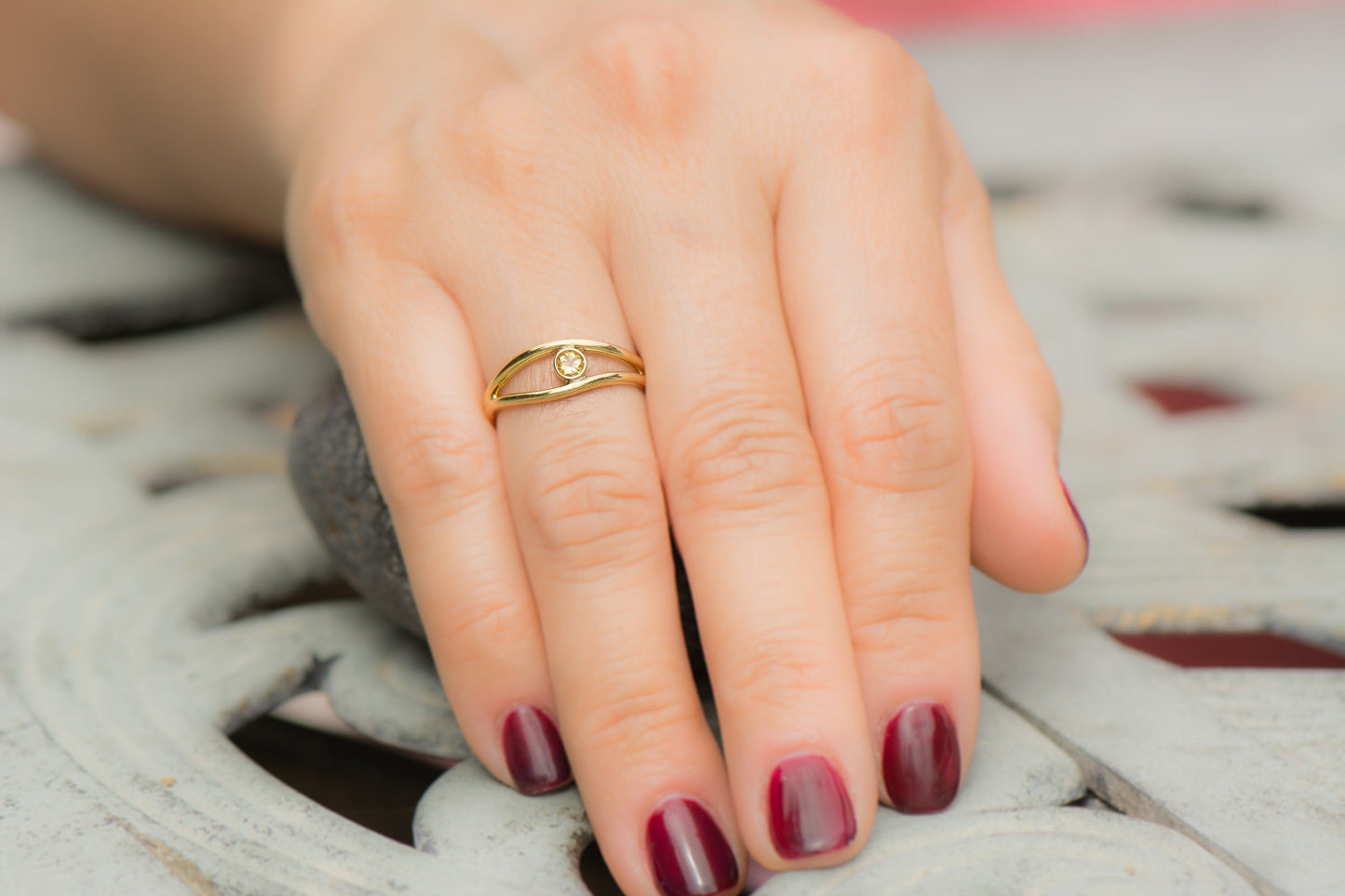 14k Gold Round Citrine Gemstone Wave Ring