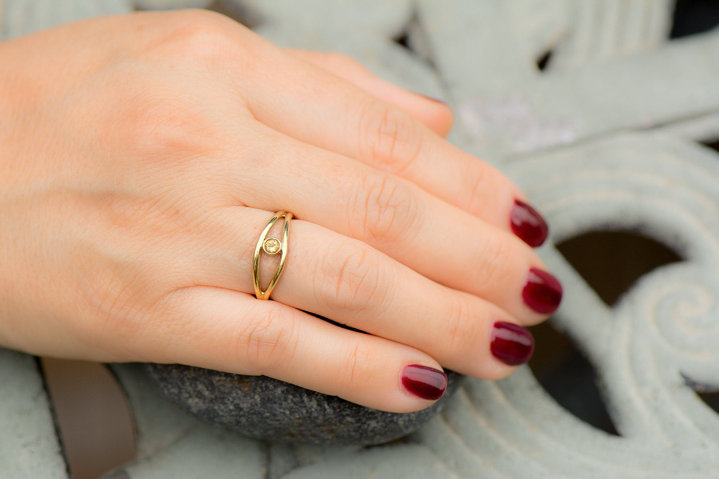14k Gold Round Citrine Gemstone Wave Ring