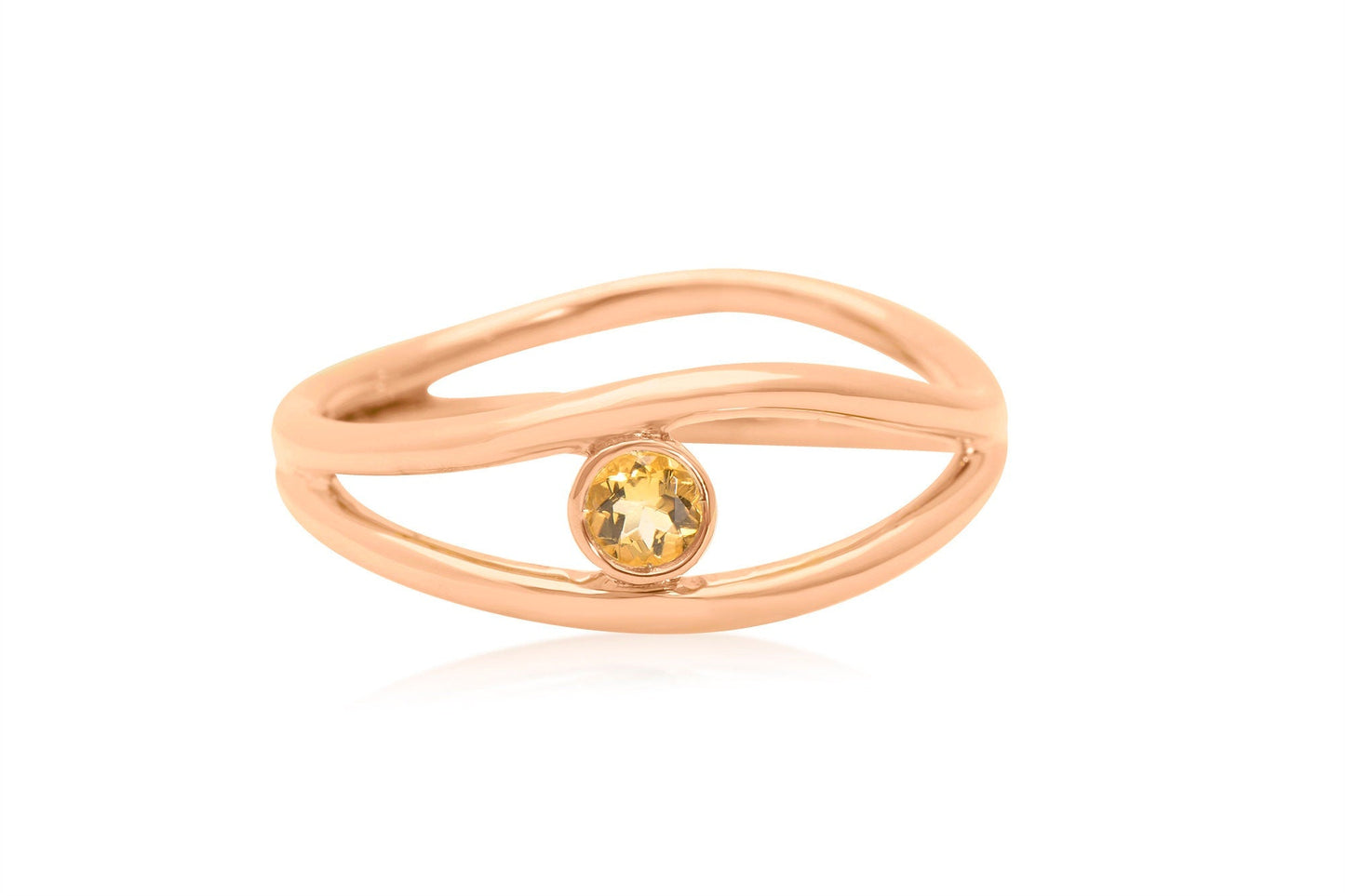 14k Gold Round Citrine Gemstone Wave Ring