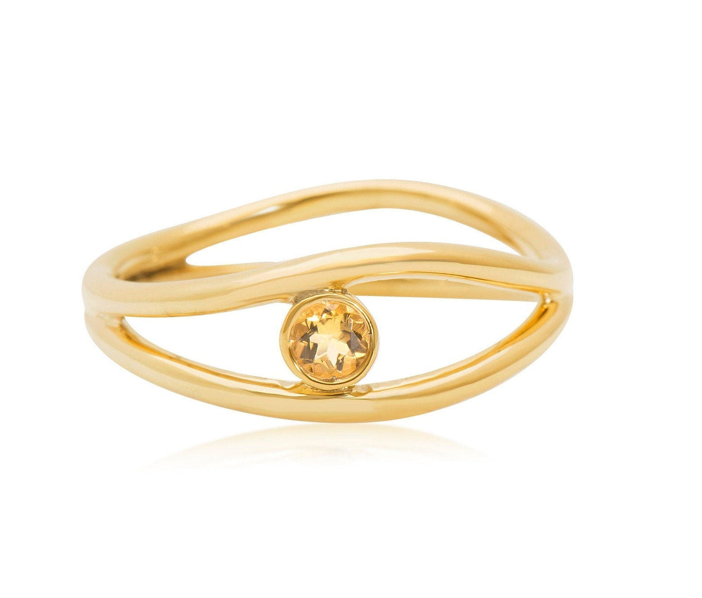 14k Gold Round Citrine Gemstone Wave Ring
