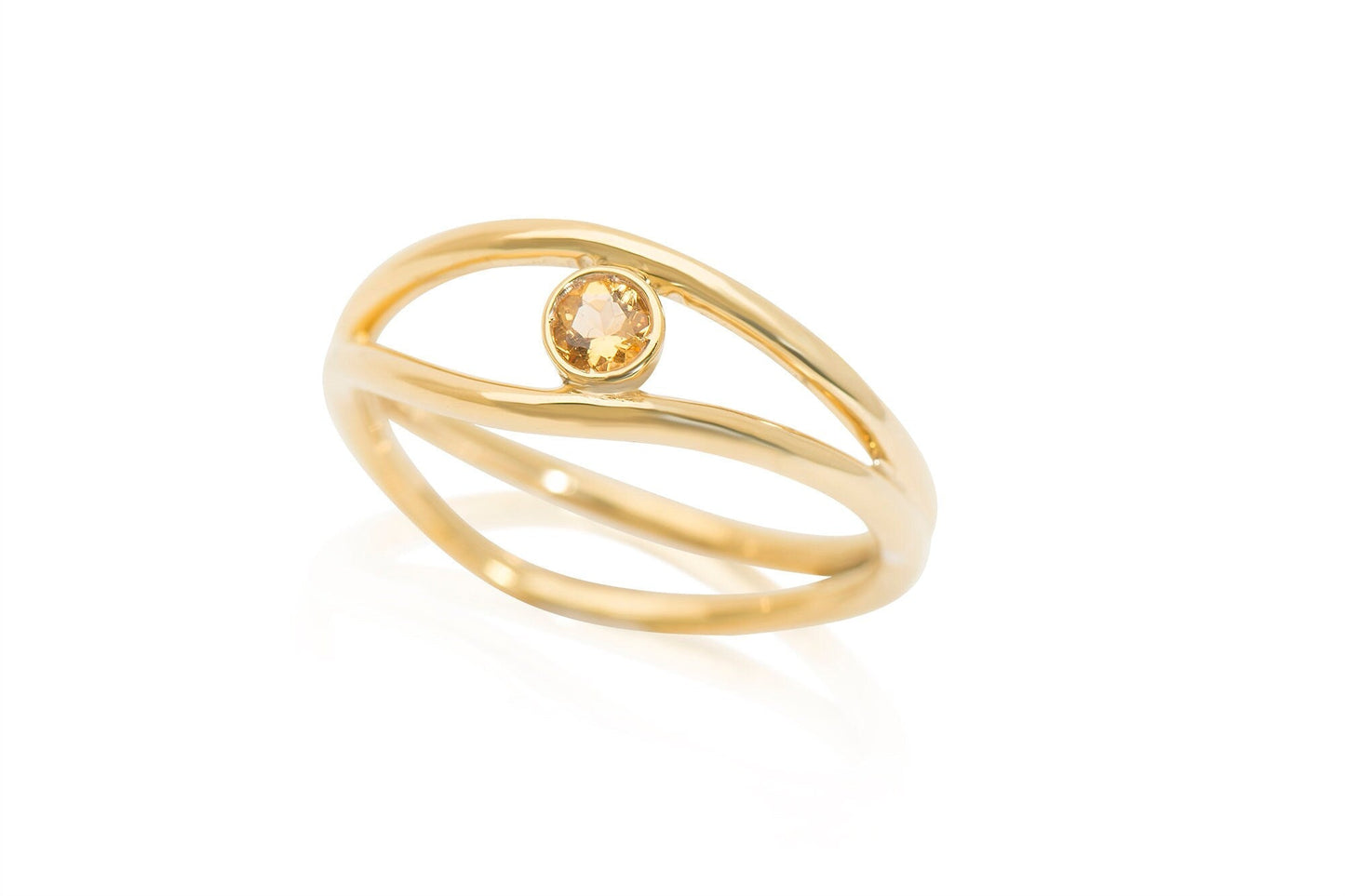 14k Gold Round Citrine Gemstone Wave Ring