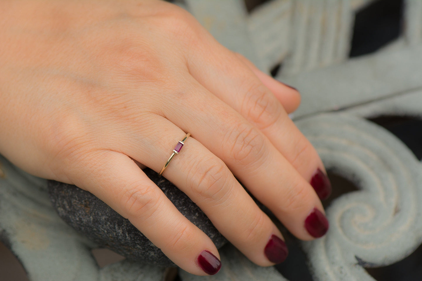 14k Gold Stackable Ruby Baguette Sideways Ring