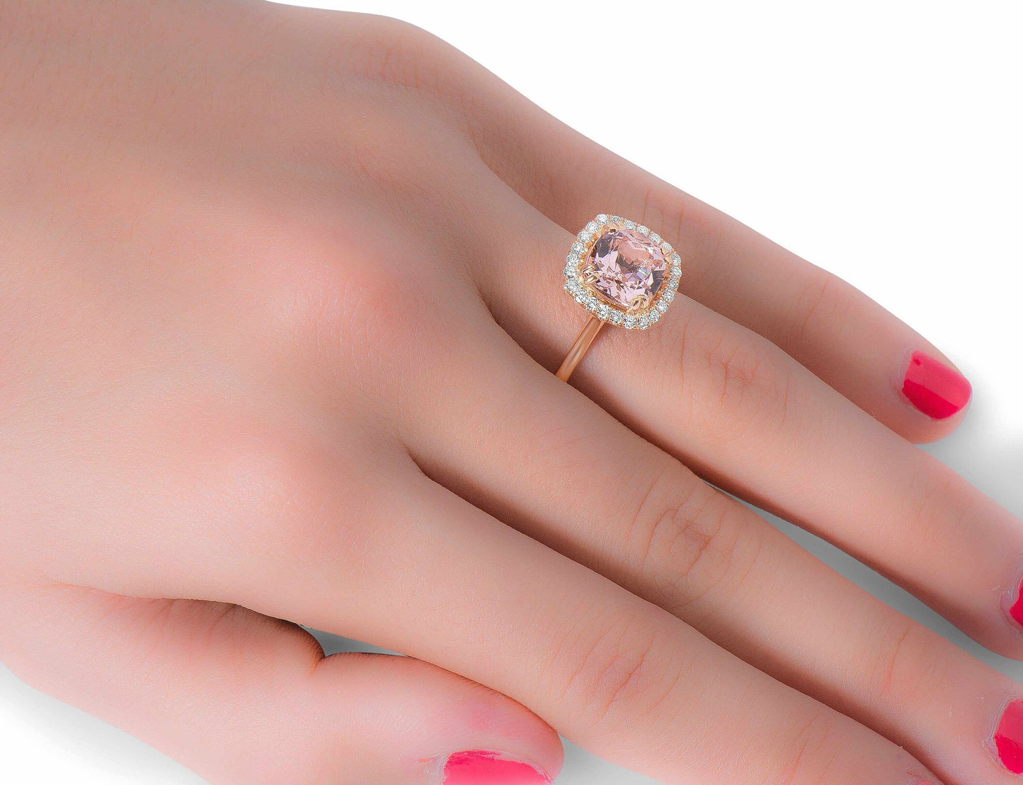 14k cushion cut morganite ring on a hand