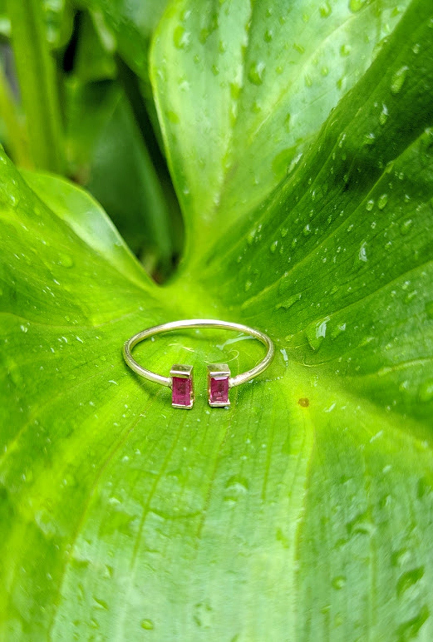 14k Ruby Gemstone Open Ring, Two Baguette Rubies set in 14k Dainty Stacking Ring