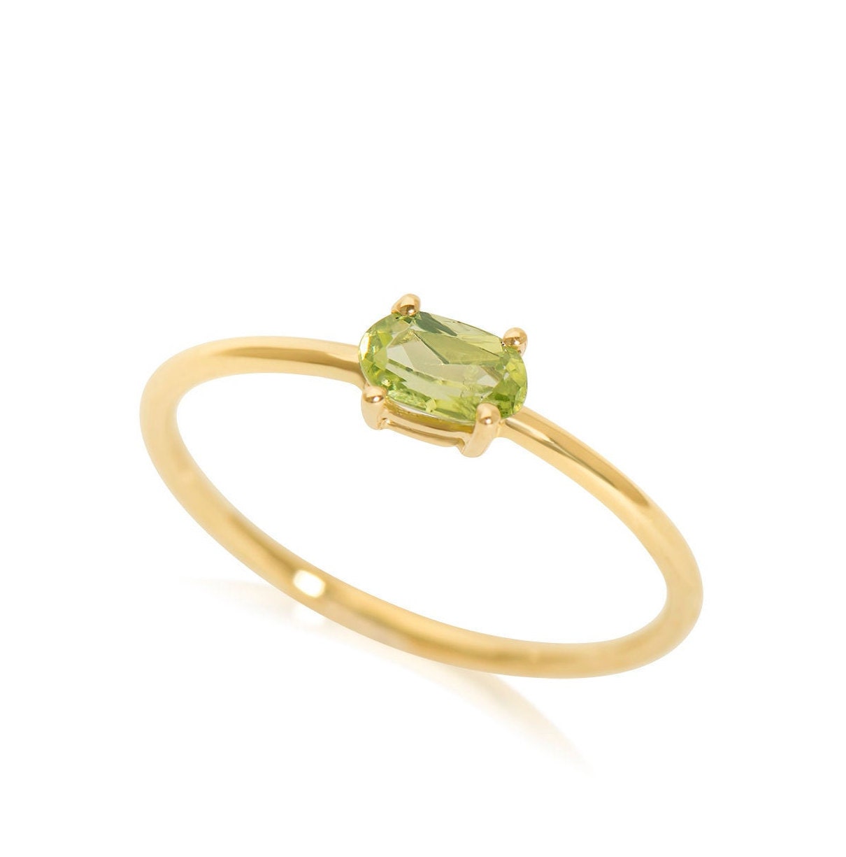 14k Solid Gold Oval Shape Green Peridot Gemstone Stacking ring