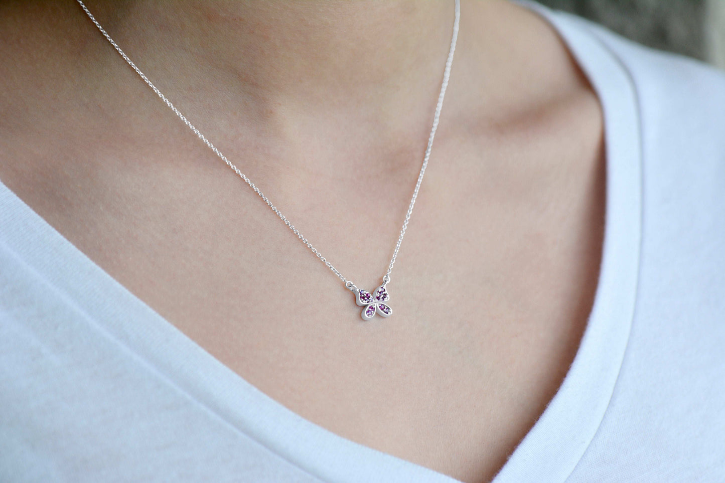 Minimalist Butterfly Necklace Micro Pave Pink Sapphire Gemstones
