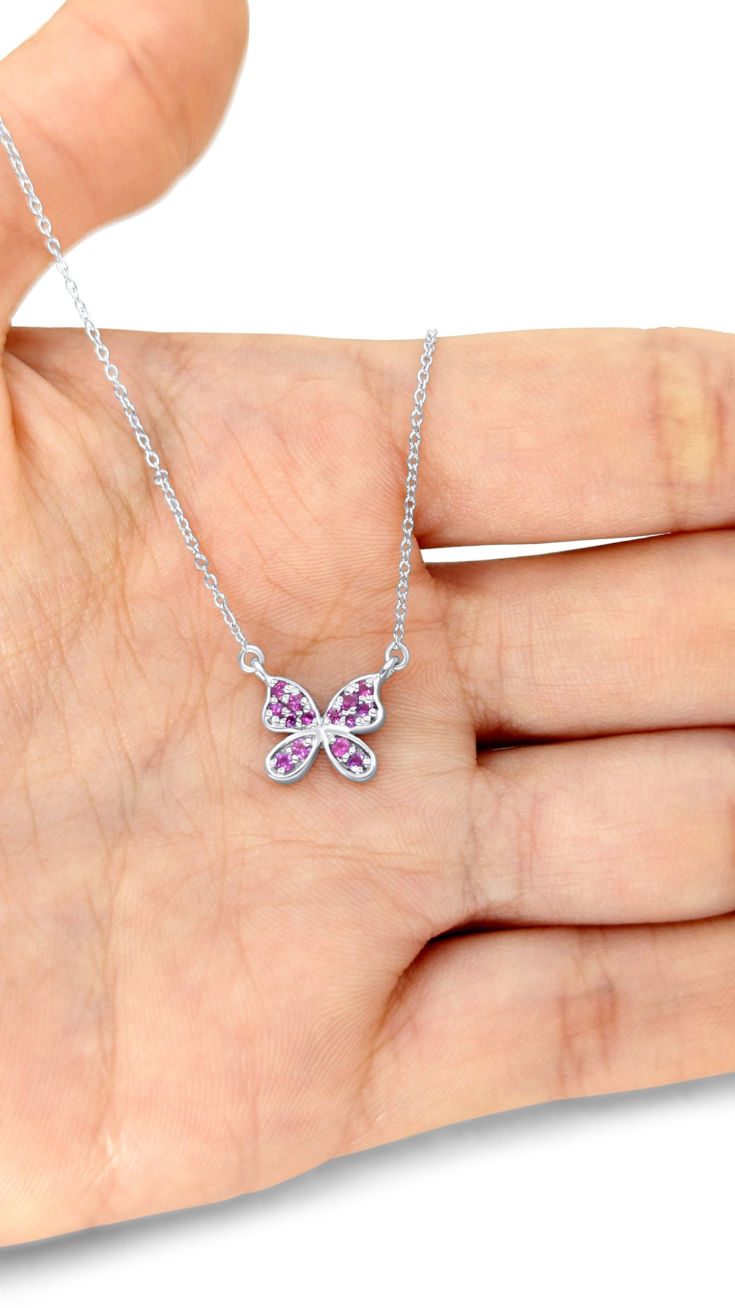 Minimalist Butterfly Necklace Micro Pave Pink Sapphire Gemstones