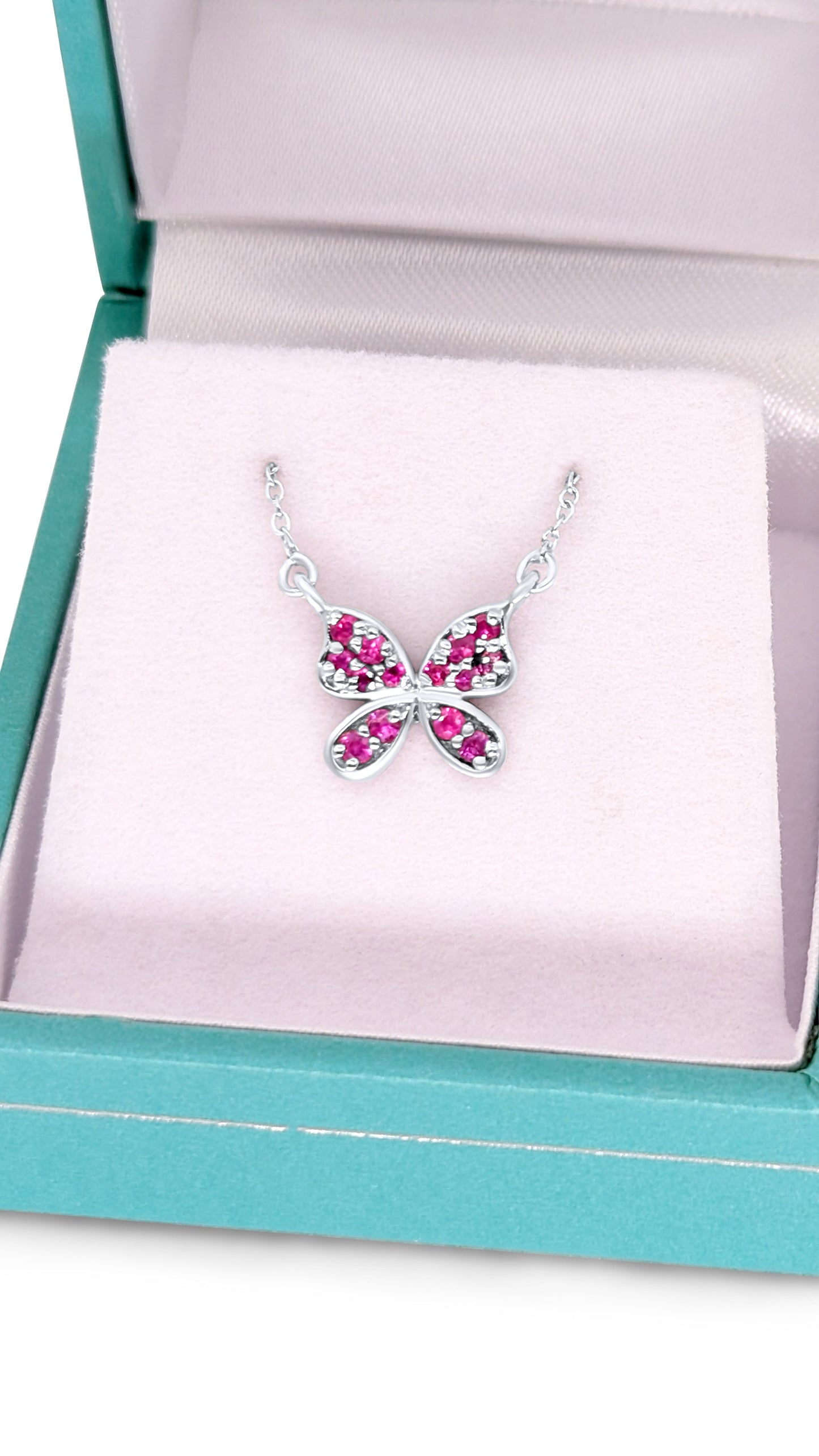 Minimalist Butterfly Necklace Micro Pave Pink Sapphire Gemstones