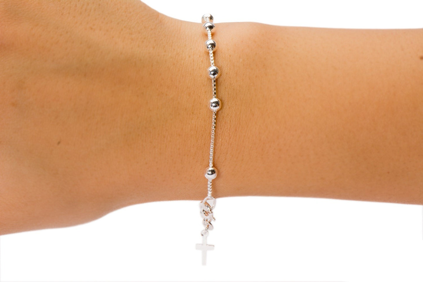 Sterling Silver Cross Charm Rosary Bracelet