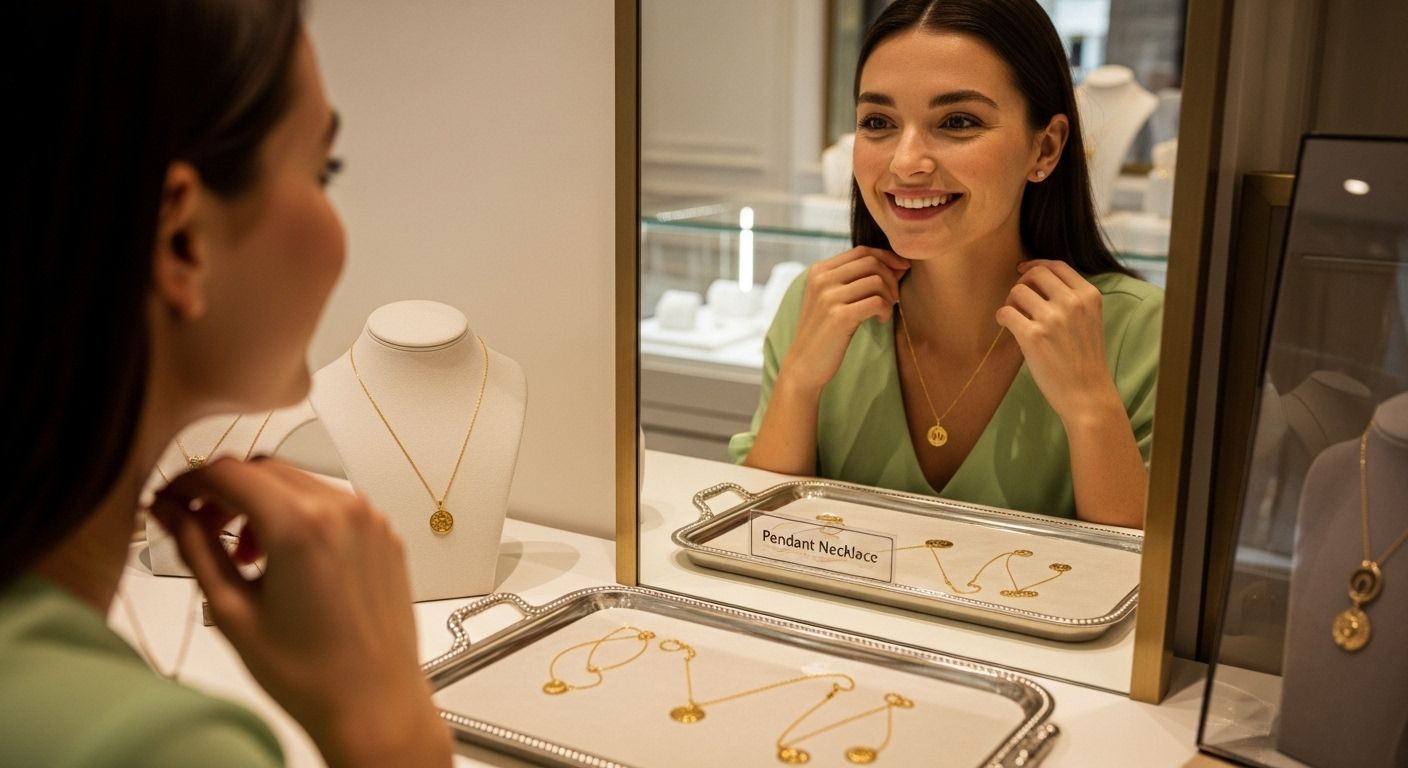 woman trying pendant necklace