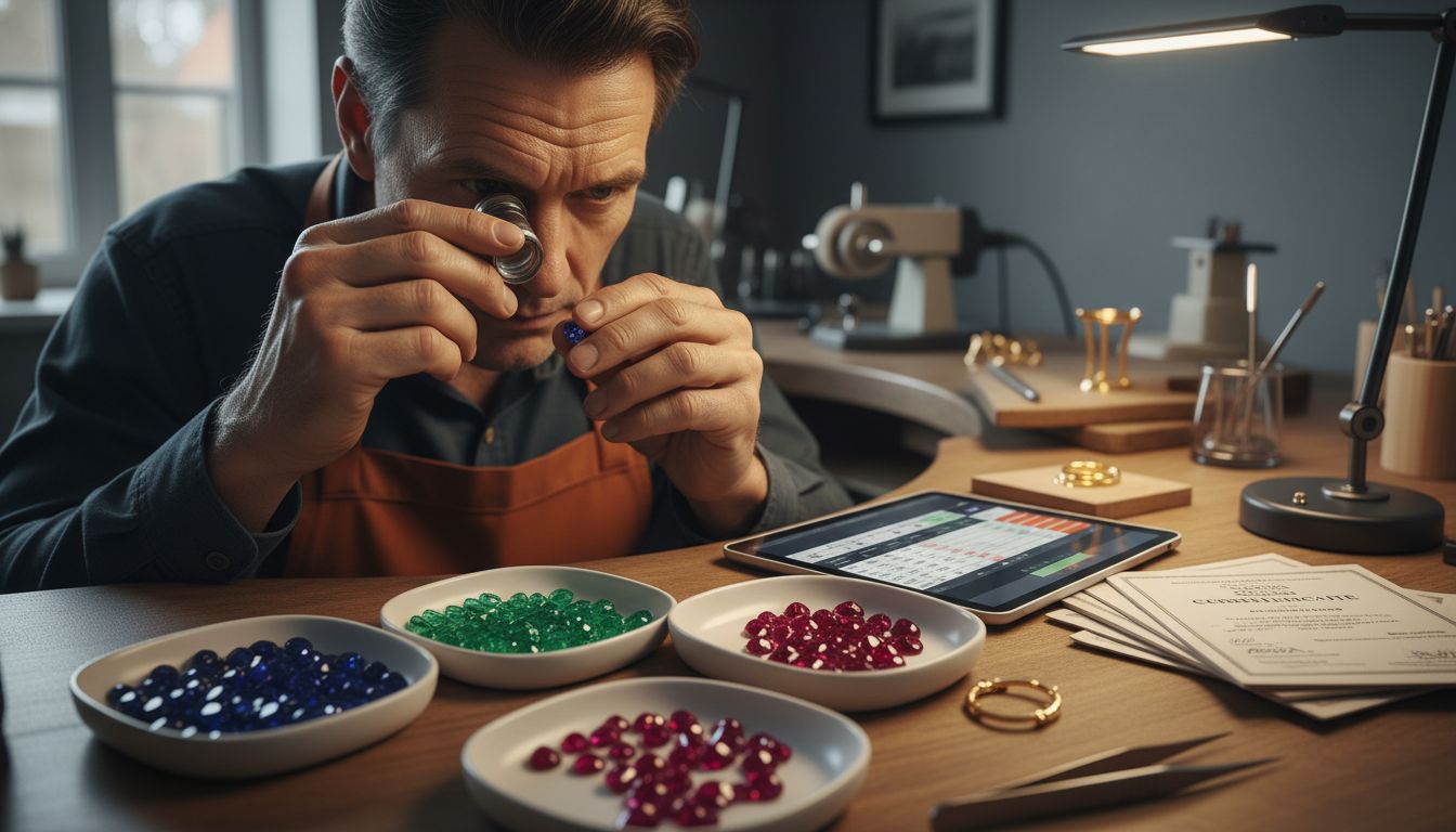jeweler assessing gemstones