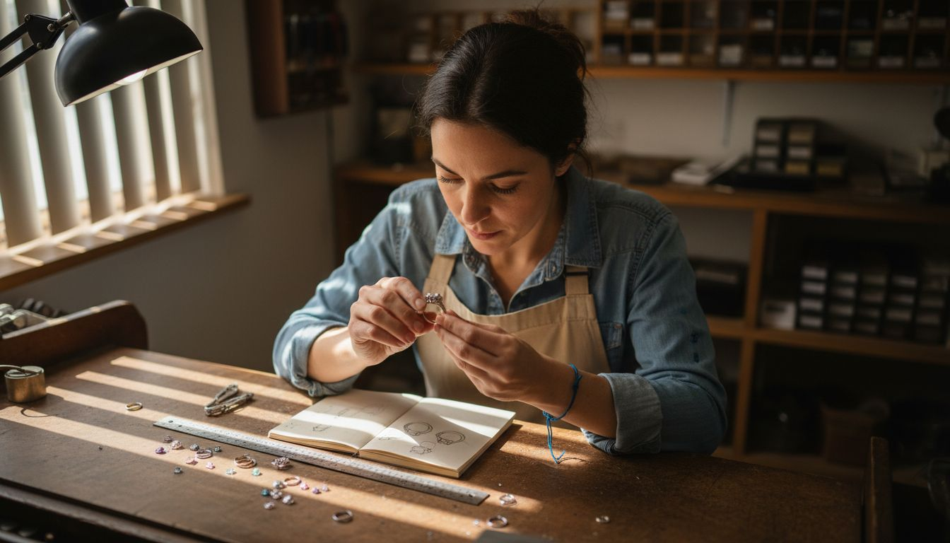 Designer inspecting halo ring at drafting table