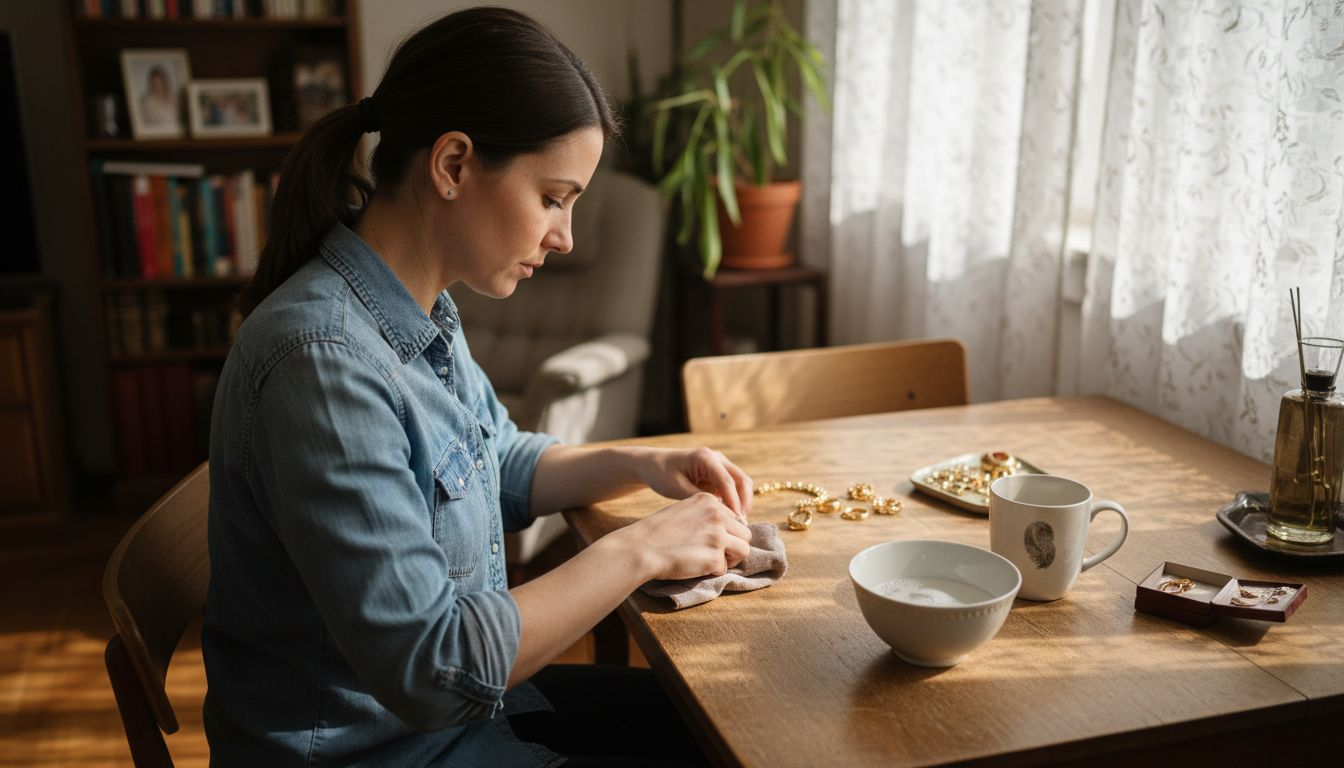 Woman cleaning jewelry in sunlit apartment