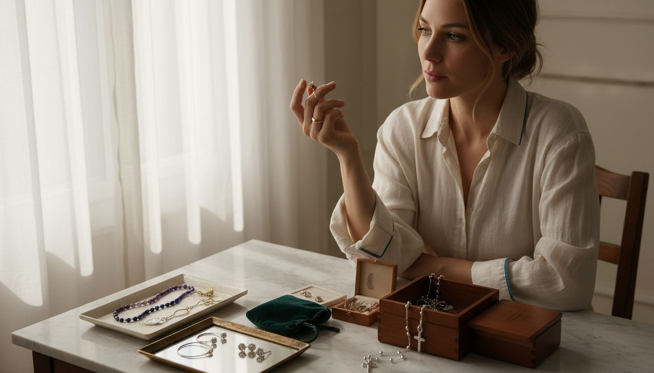 Woman considering fine jewelry at vanity