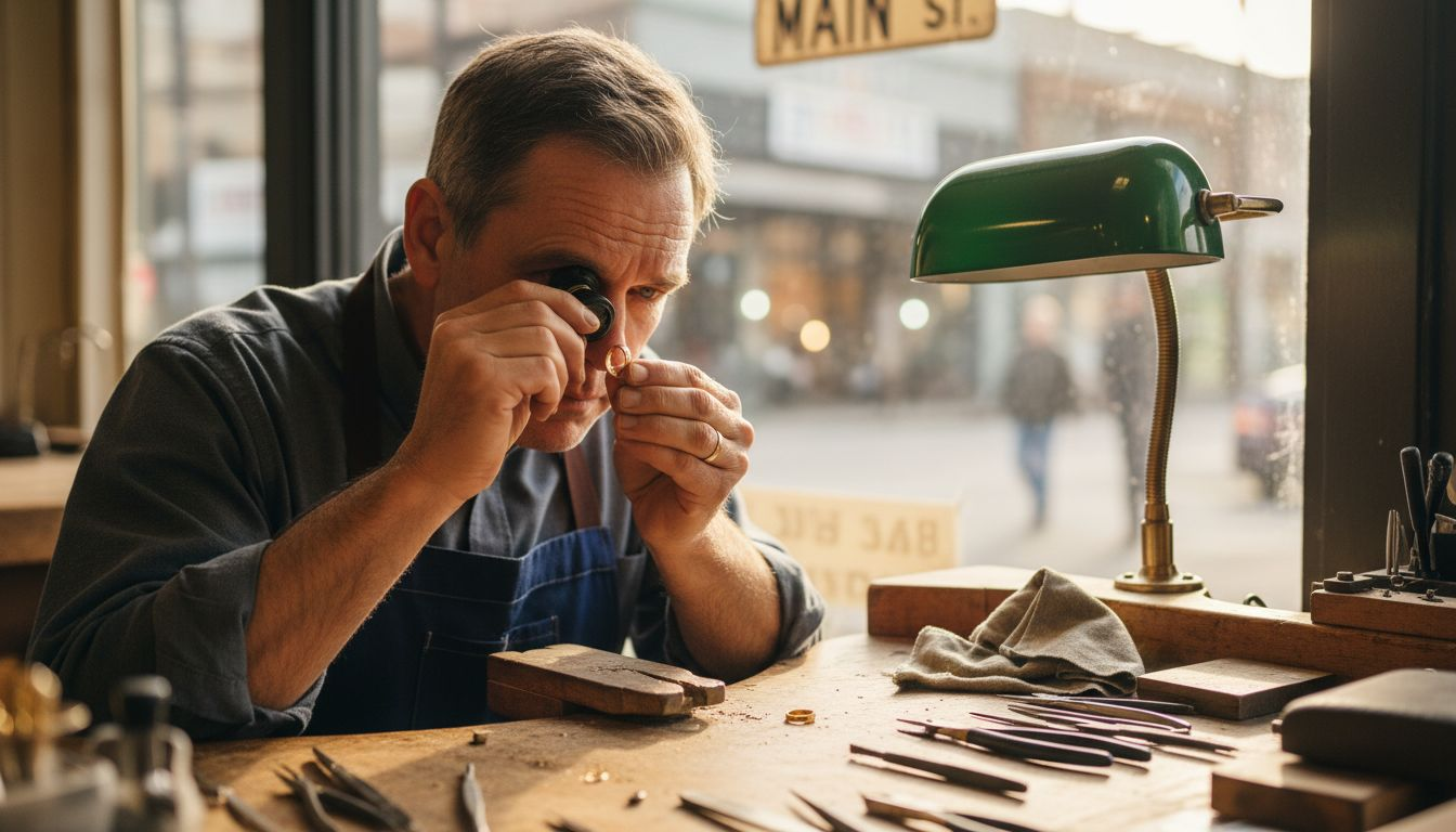 Jeweler inspecting gold ring with loupe