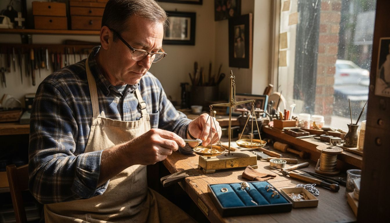 Jeweler weighing diamond and gold rings