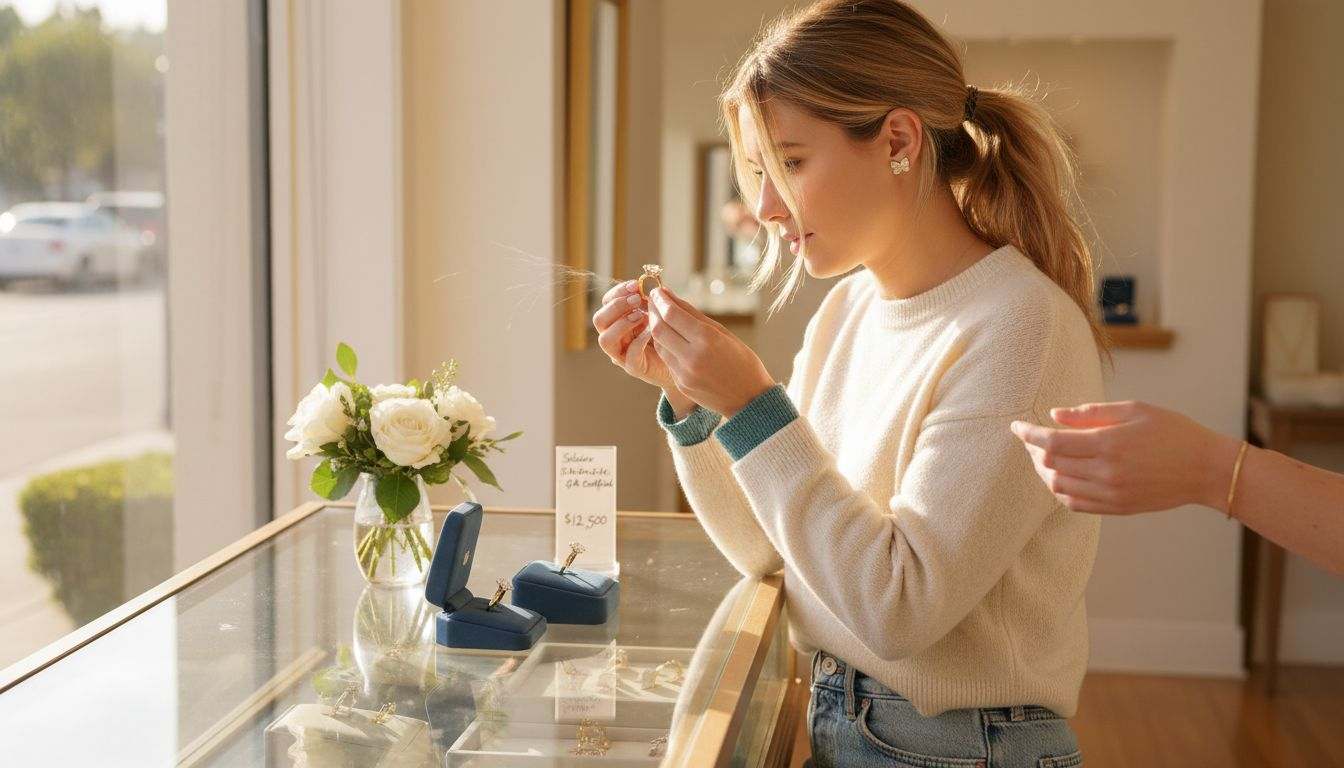 Woman examining unique solitaire ring