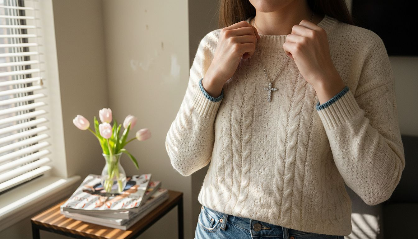 Woman putting on gemstone necklace near window