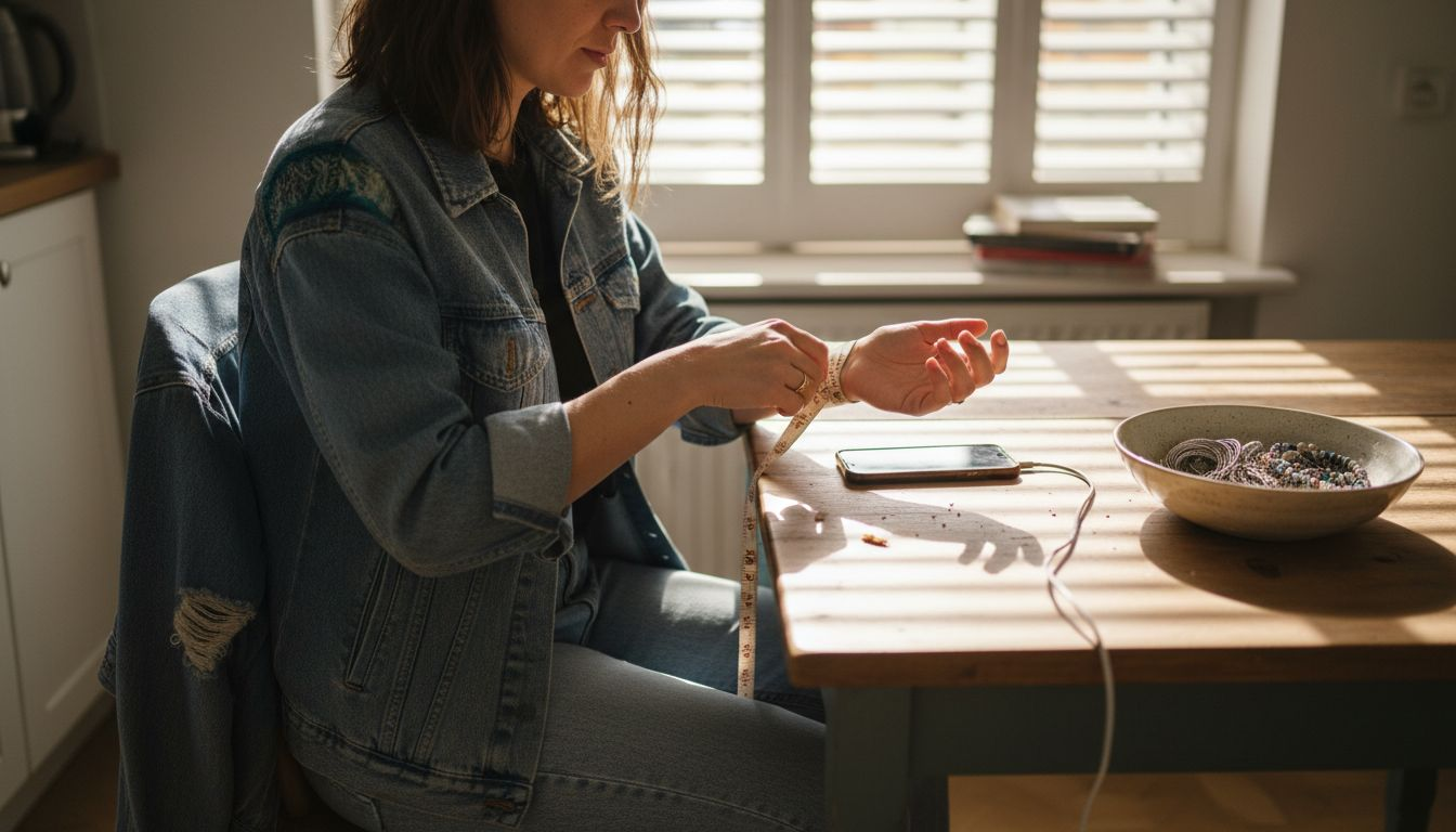Woman measuring wrist with tape at kitchen table