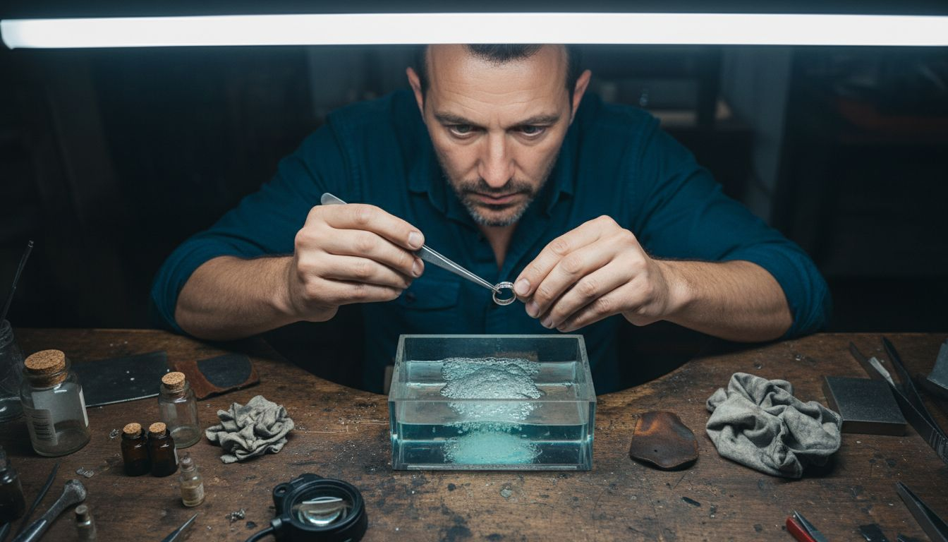 Jeweler applying rhodium plating to ring