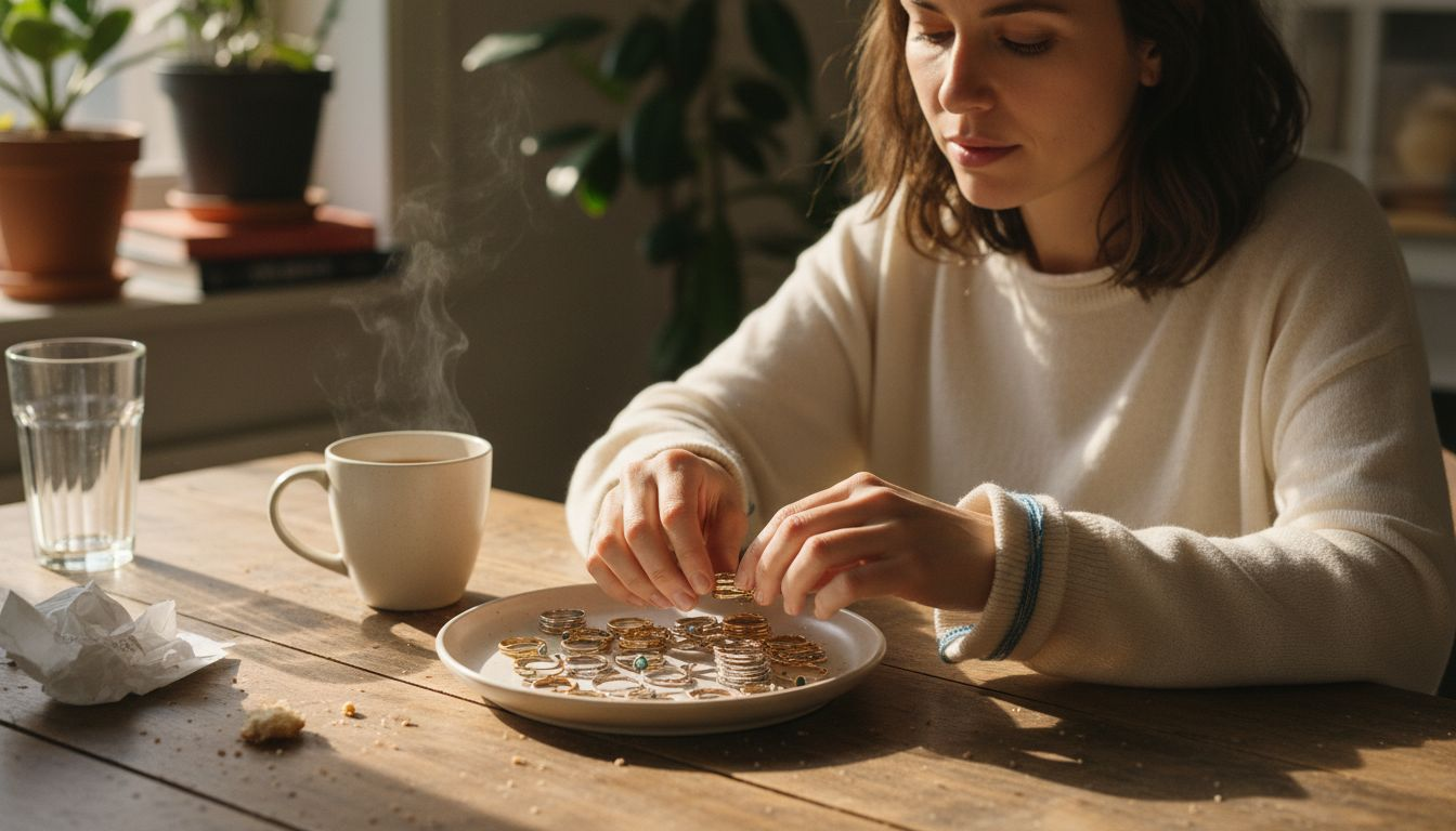 Woman organizing rings on a breakfast table