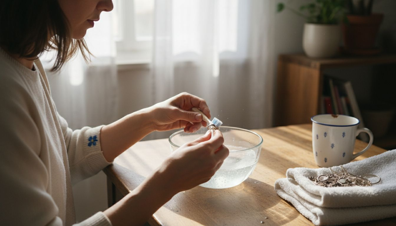 Woman cleaning jewelry at kitchen table