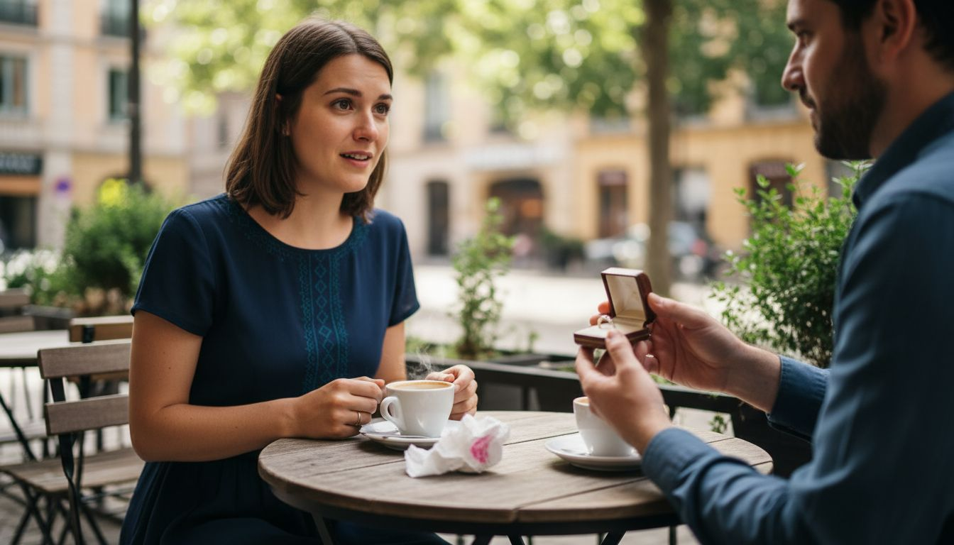 Couple at café exchanging engagement ring proposal