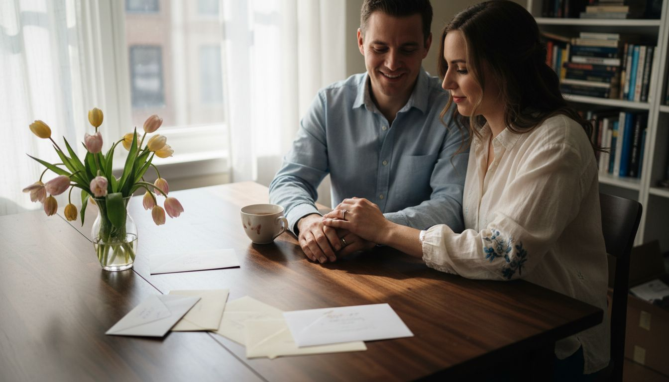 Couple showing wedding and engagement rings