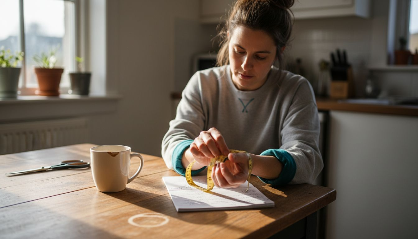 Woman measuring wrist with flexible tape