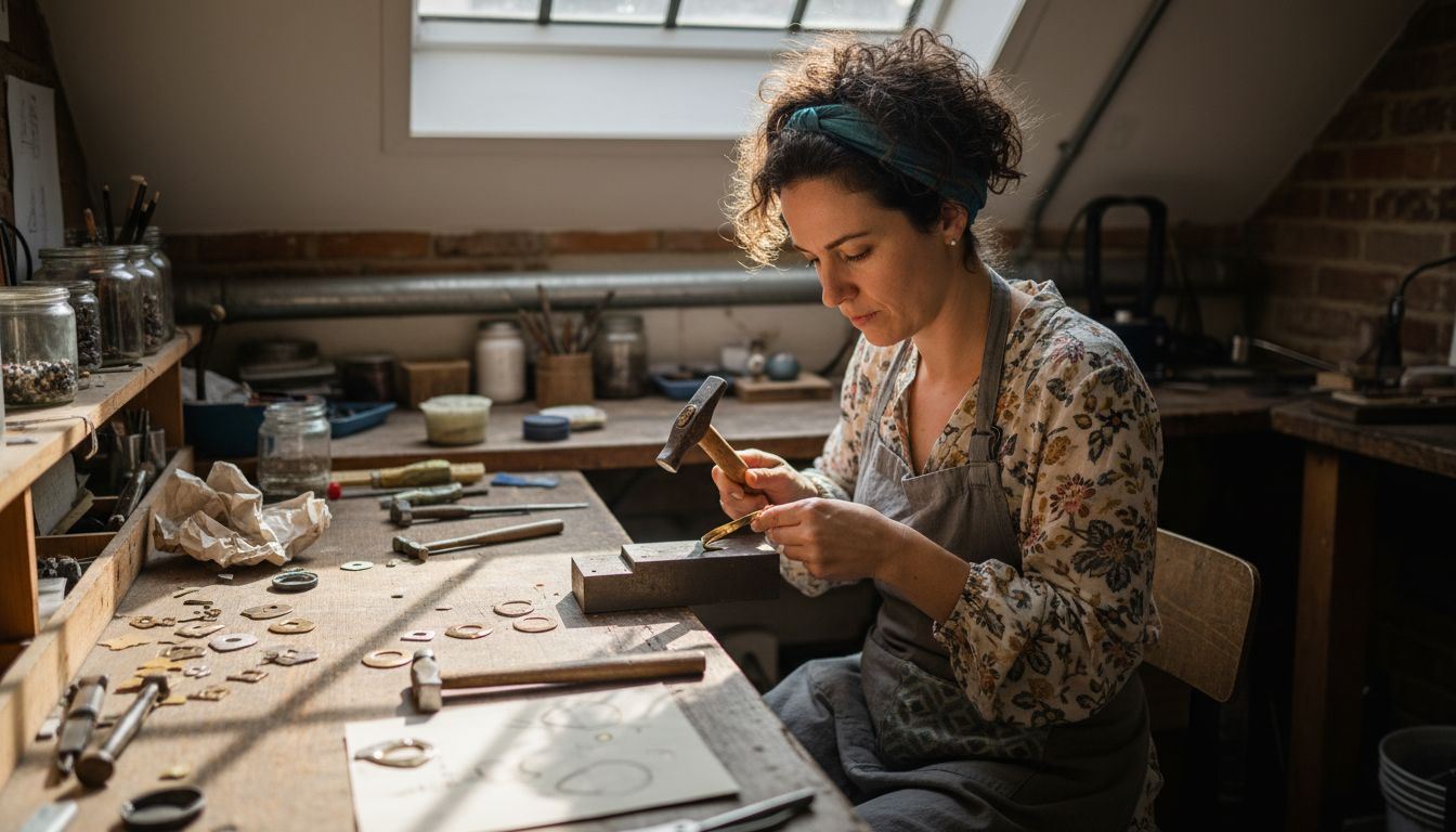 Jeweler hammering gold bracelet in studio