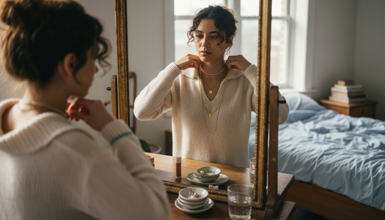 Woman arranging layered necklaces at vanity