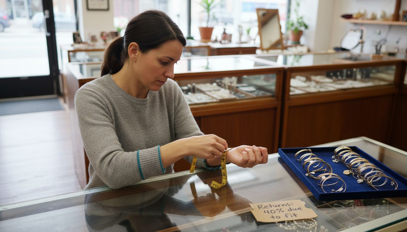 Customer measuring wrist at jewelry counter