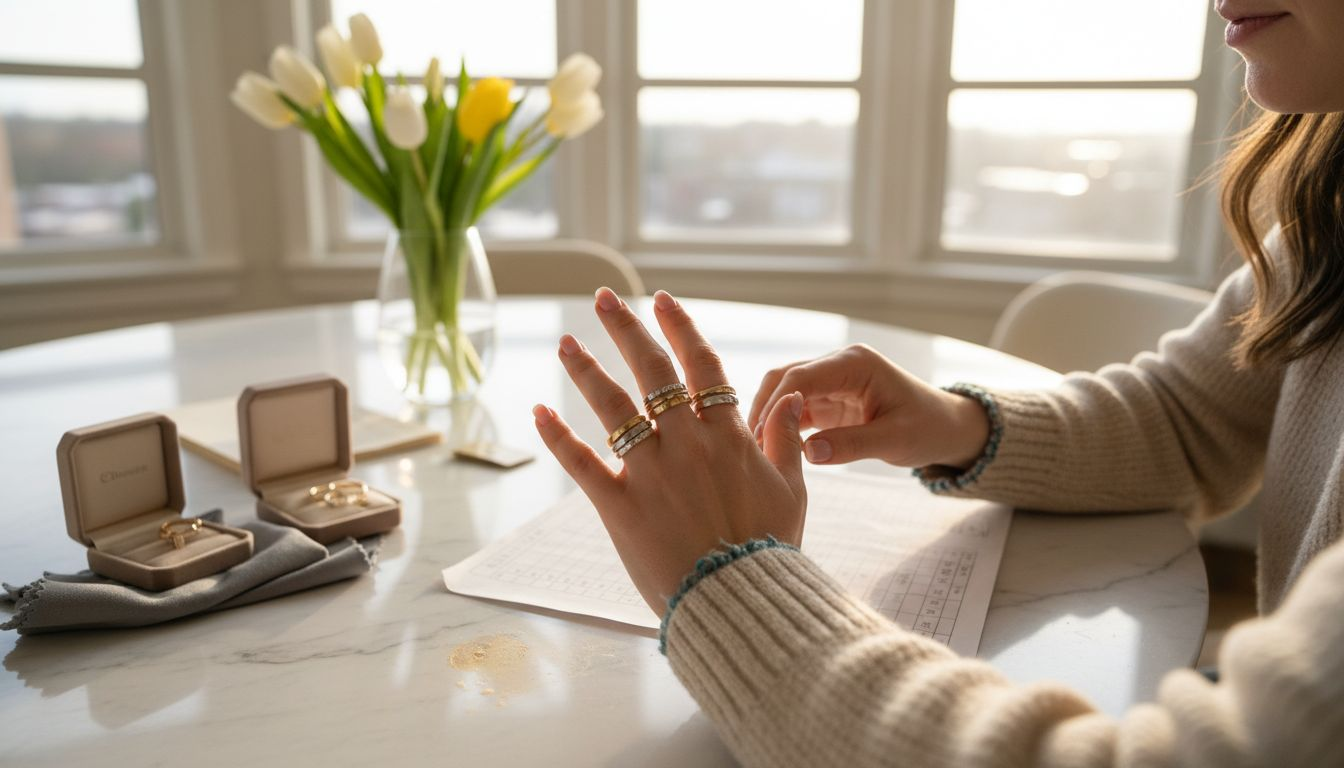 Woman stacking wedding rings at dining table