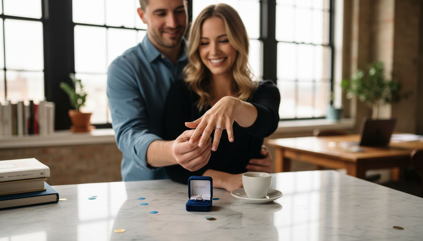 Couple showing solitaire engagement ring close up