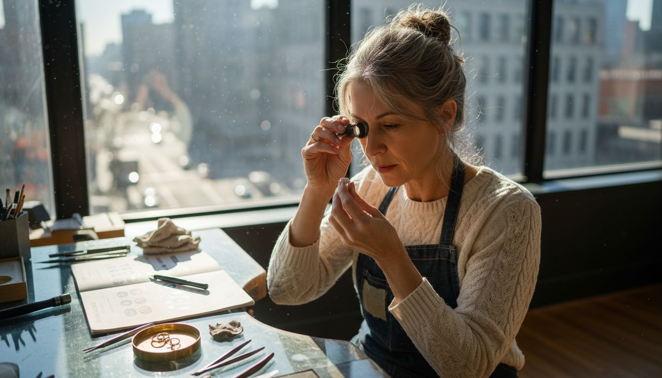Jeweler closely examining diamond ring with tools