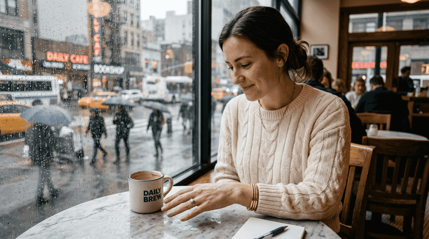 Woman admiring bezel diamond ring at café