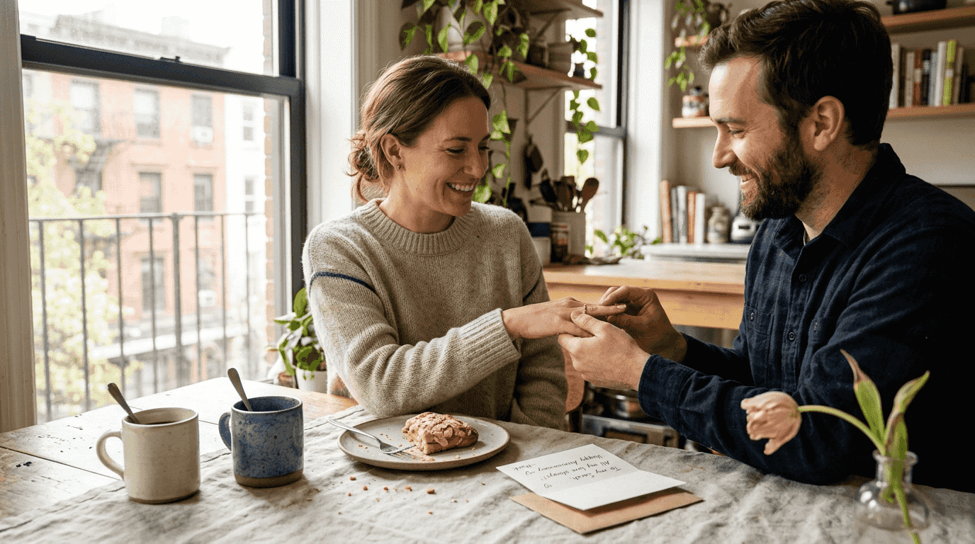 Woman receives eternity ring gift at brunch