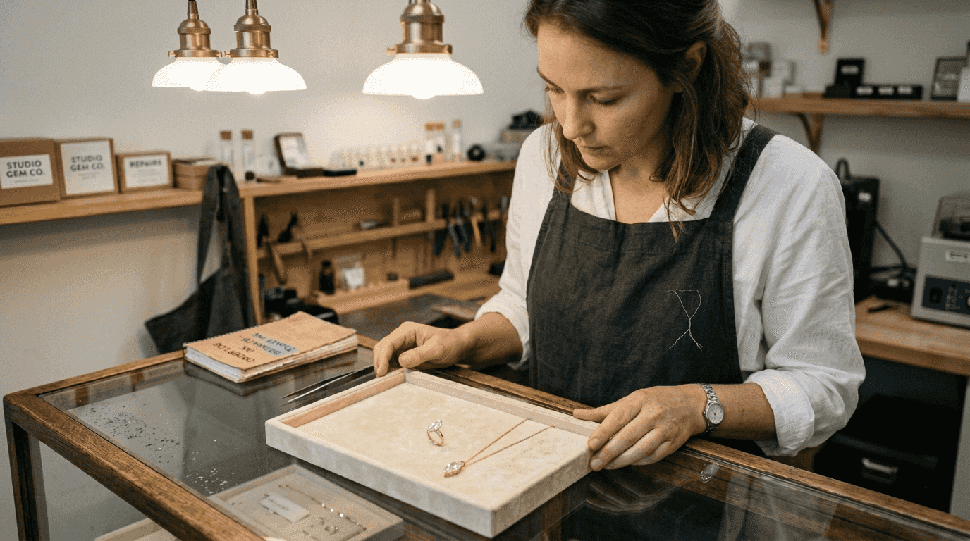 Jeweler arranging marquise diamond jewelry in display
