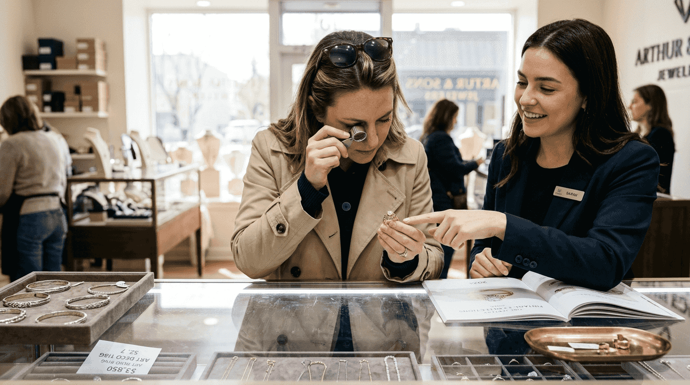 Customer inspecting jewelry at boutique counter