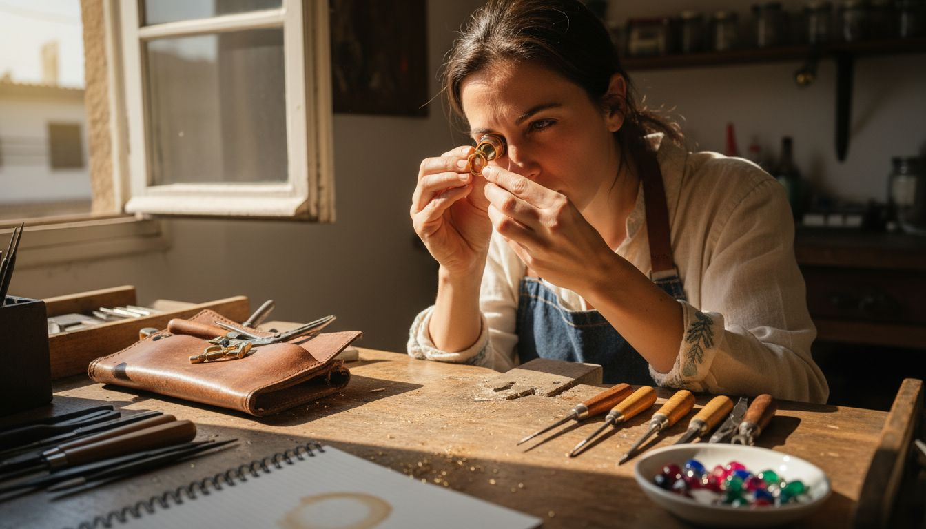 Artisan jeweler inspecting gold ring